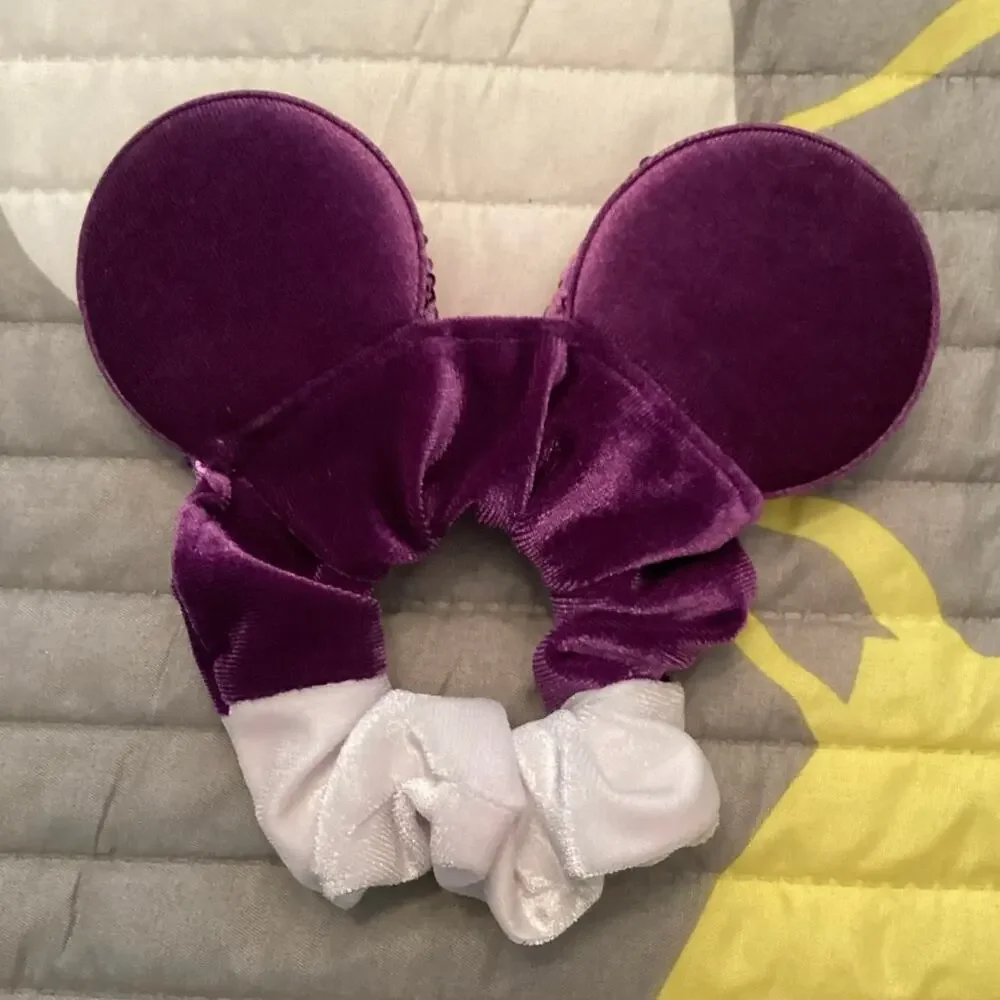 NWOT Set Purple n Minnie Mouse Velvet Hair Scrunchie Ears and Sparkly Sequin Bow